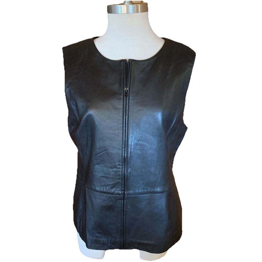 Black Supersoft Leather & Ribbed Knit Vest Women's XL Full Zip Luxury Emma James